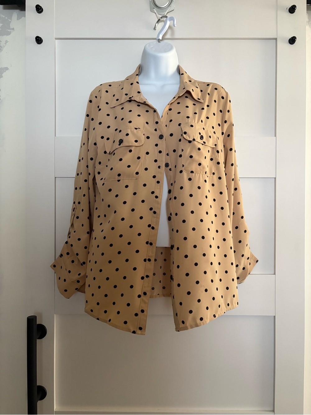Polka Dot Button-Front Shirt in Tan and Black